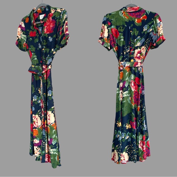 SEZANE Navy Red Floral Printed Button Down Belted Midi Shirt Dress Adele Dress - Picture 6 of 11